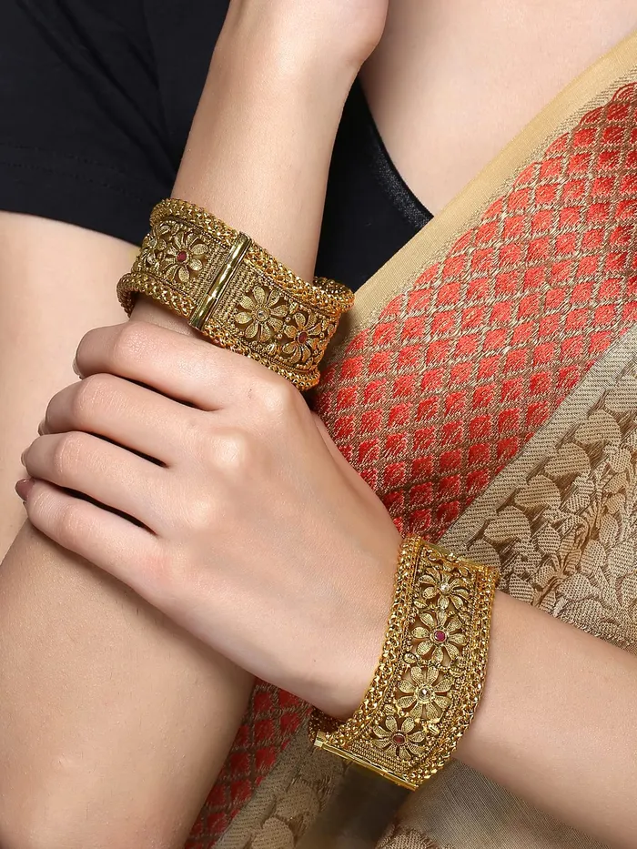 Yellow Chimes Necklaces Yellow Chimes Bangles for Women Gold Toned Kundan and Red Pearl Studded Floral Designed Bangles for Women and Girls