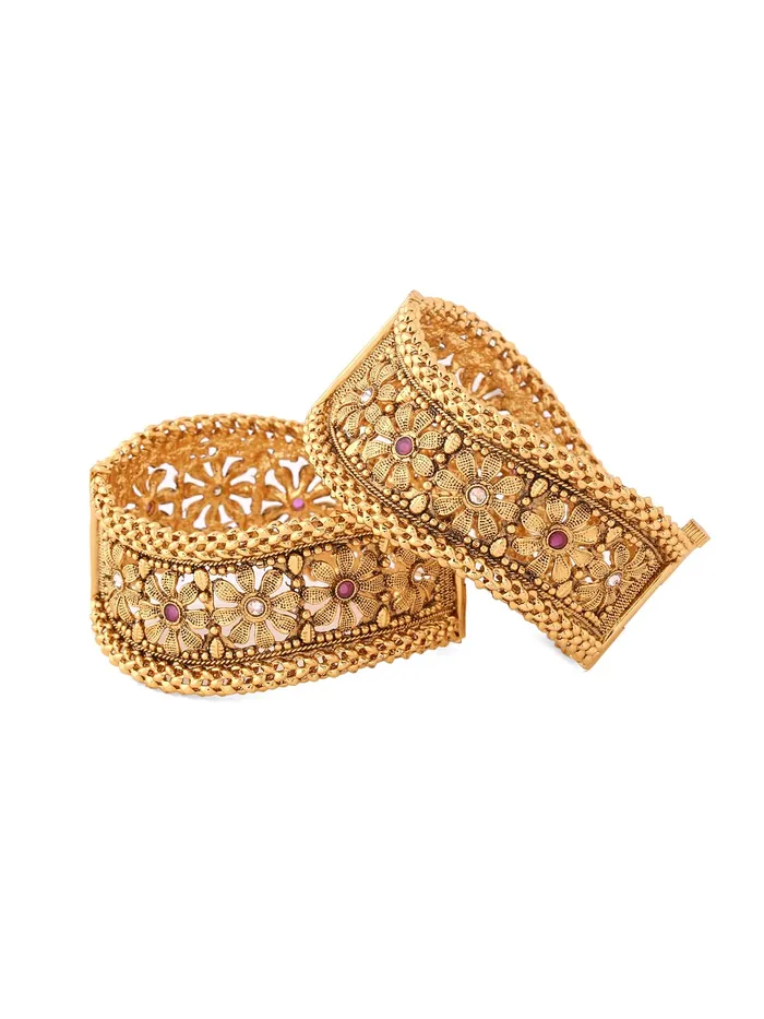Yellow Chimes Necklaces Yellow Chimes Bangles for Women Gold Toned Kundan and Red Pearl Studded Floral Designed Bangles for Women and Girls