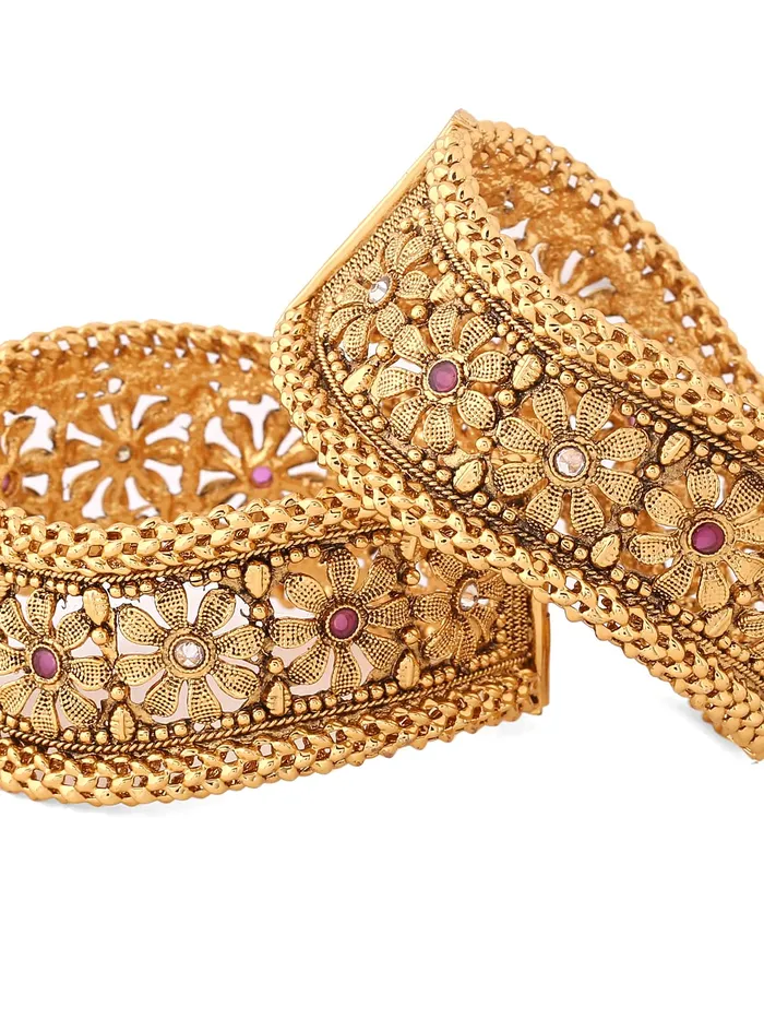 Yellow Chimes Necklaces Yellow Chimes Bangles for Women Gold Toned Kundan and Red Pearl Studded Floral Designed Bangles for Women and Girls