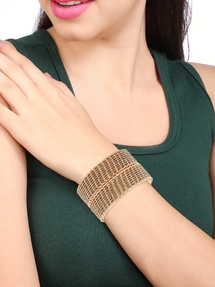 Yellow Chimes Necklaces Yellow Chimes Classic Look Studded Sparkling Crystal Broad Hand Crafted Designer Traditional Gold Plated 2 PCs Bracelet Bangles Set for Women 26