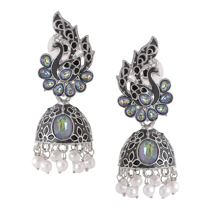 Yellow Chimes Necklaces Yellow Chimes Earrings for Women and Girls Silver Oxidised JhumkaGerman Silver Peacock Designed Jhumki EarringsBirthday Gift For girls and women Anniversary Gift for Wife