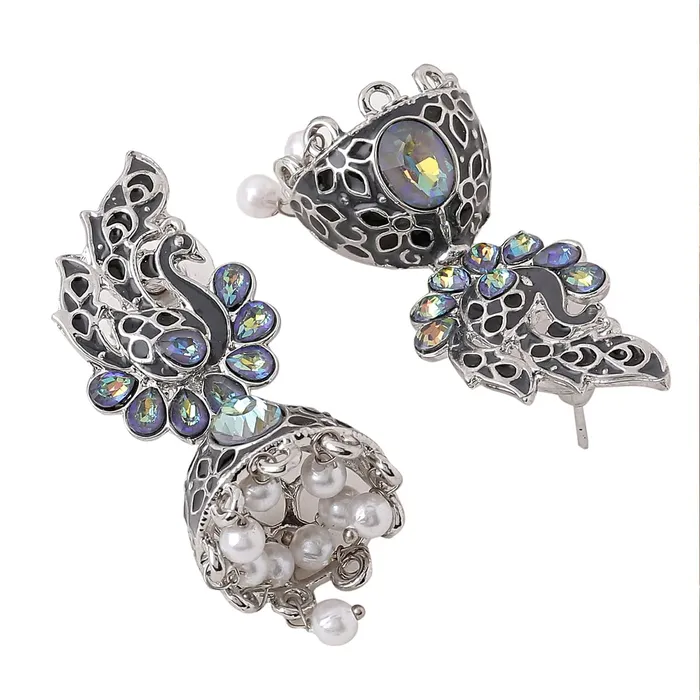 Yellow Chimes Necklaces Yellow Chimes Earrings for Women and Girls Silver Oxidised JhumkaGerman Silver Peacock Designed Jhumki EarringsBirthday Gift For girls and women Anniversary Gift for Wife