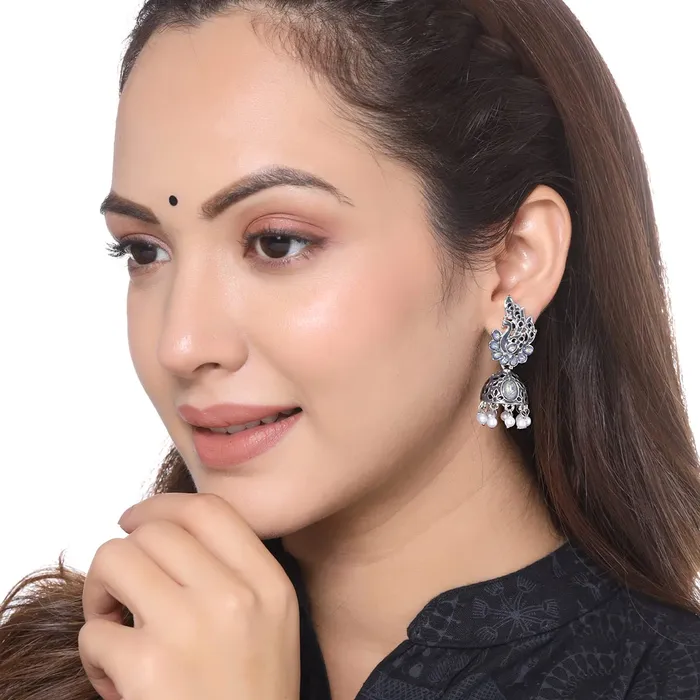 Yellow Chimes Necklaces Yellow Chimes Earrings for Women and Girls Silver Oxidised JhumkaGerman Silver Peacock Designed Jhumki EarringsBirthday Gift For girls and women Anniversary Gift for Wife