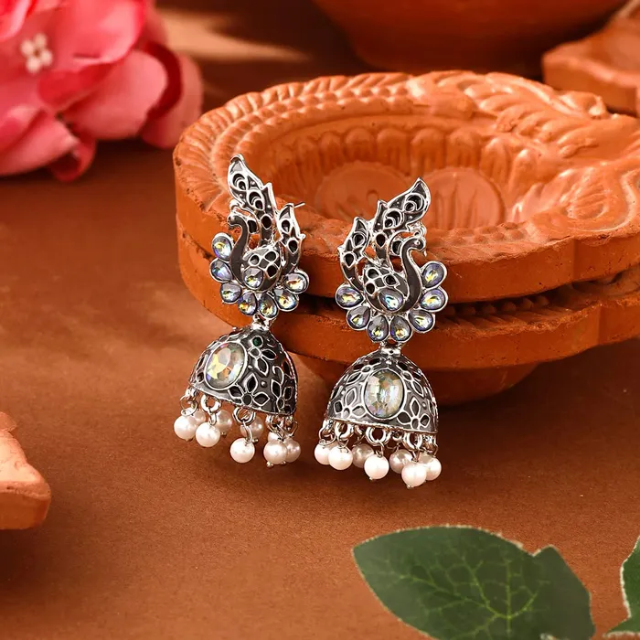 Yellow Chimes Necklaces Yellow Chimes Earrings for Women and Girls Silver Oxidised JhumkaGerman Silver Peacock Designed Jhumki EarringsBirthday Gift For girls and women Anniversary Gift for Wife