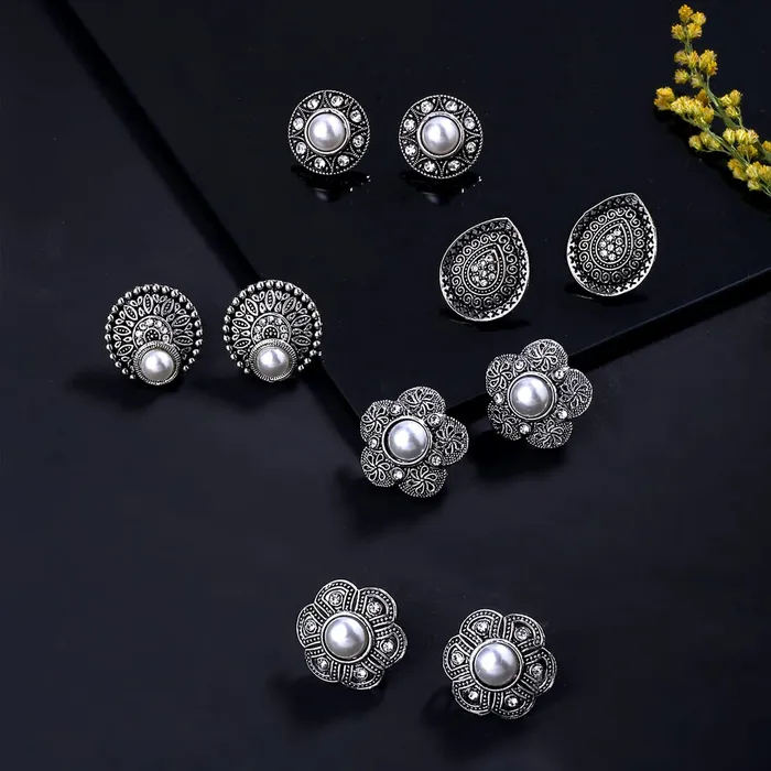 Yellow Chimes Necklaces Yellow Chimes Earrings for Women and Girls Traditional Silver Oxidised StudsGerman Silver Combo of 5 Pairs Stud EarringsBirthday Gift For girls and women Anniversary Gift for Wife