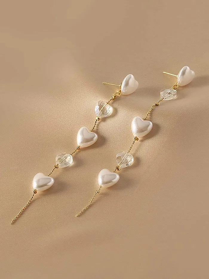 Yellow Chimes Necklaces Yellow Chimes Earrings For Women Gold Tone Hearts Hanging Pearl and Stone Attached Long Chain Drop Dangler Earrings For Women and Girls