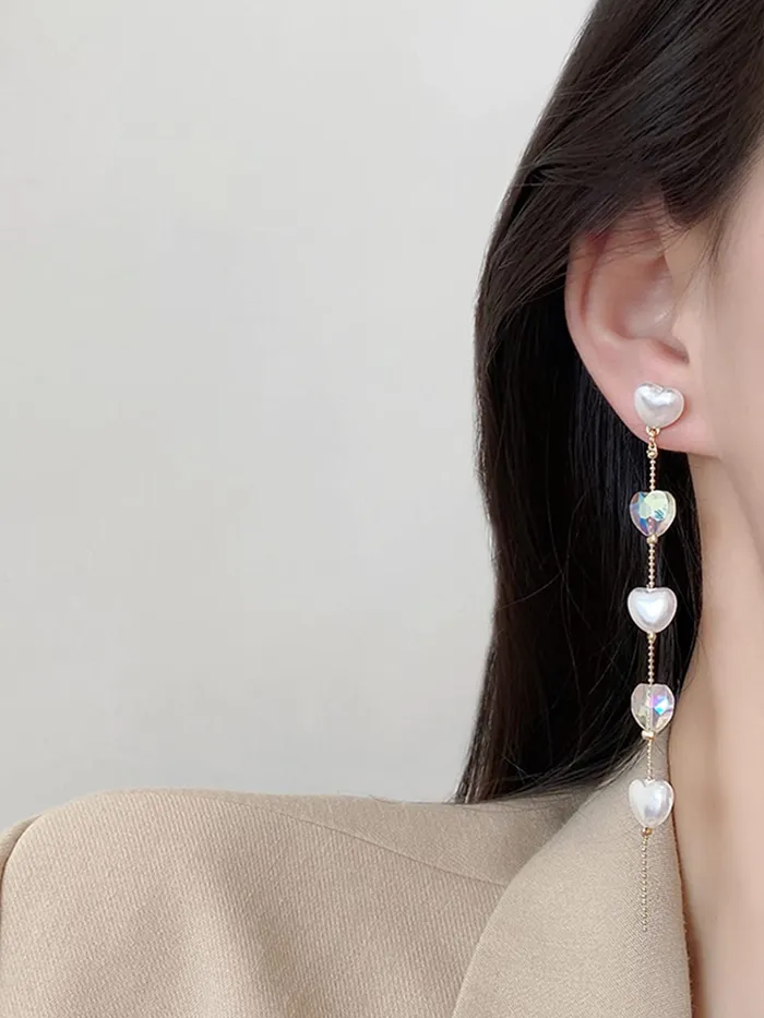 Yellow Chimes Necklaces Yellow Chimes Earrings For Women Gold Tone Hearts Hanging Pearl and Stone Attached Long Chain Drop Dangler Earrings For Women and Girls