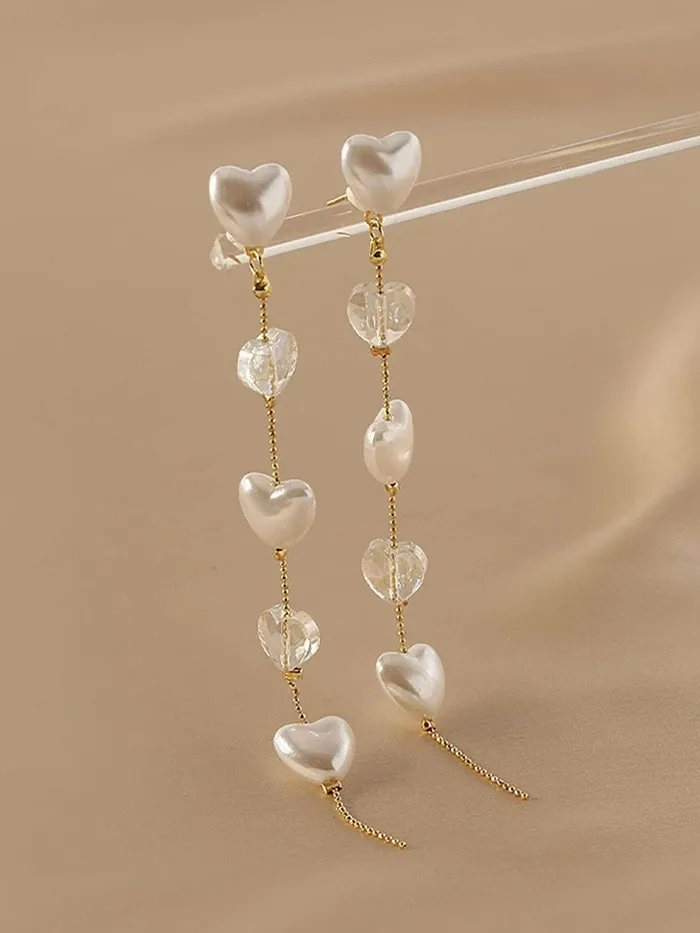 Yellow Chimes Necklaces Yellow Chimes Earrings For Women Gold Tone Hearts Hanging Pearl and Stone Attached Long Chain Drop Dangler Earrings For Women and Girls