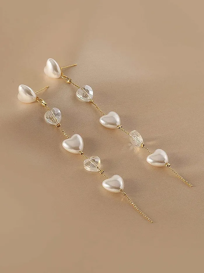 Yellow Chimes Necklaces Yellow Chimes Earrings For Women Gold Tone Hearts Hanging Pearl and Stone Attached Long Chain Drop Dangler Earrings For Women and Girls