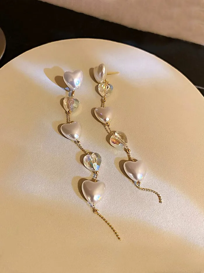 Yellow Chimes Necklaces Yellow Chimes Earrings For Women Gold Tone Hearts Hanging Pearl and Stone Attached Long Chain Drop Dangler Earrings For Women and Girls