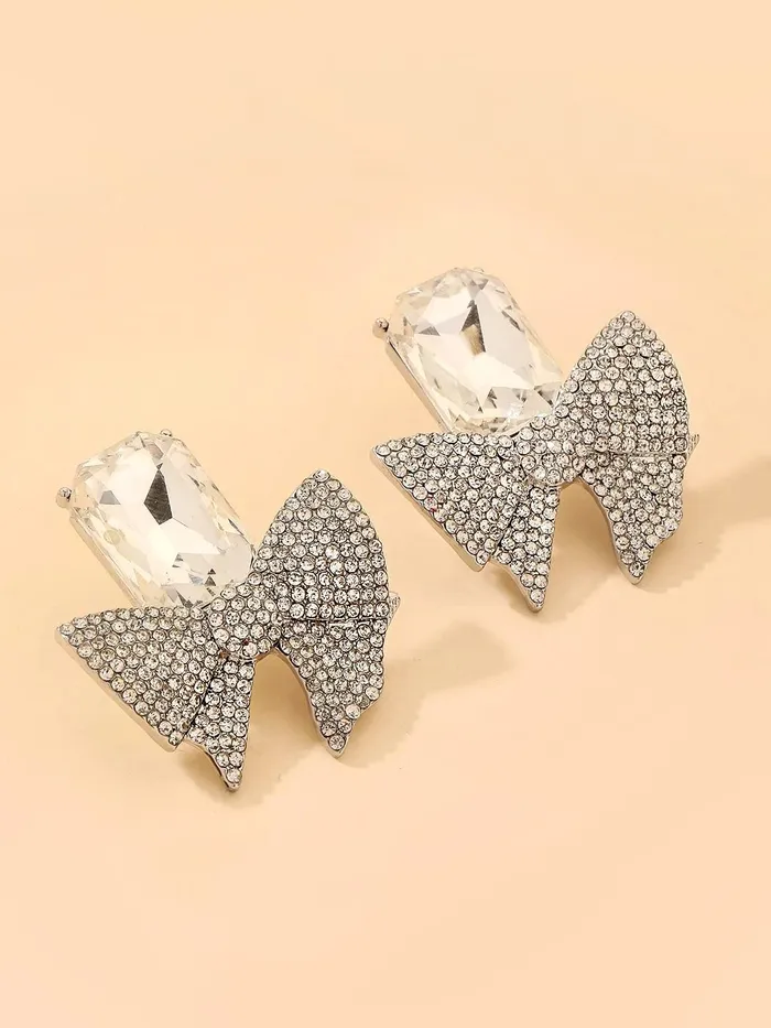 Yellow Chimes Necklaces Yellow Chimes Earrings For Women Silver Tone Crystal Studded Bow Knot Shape Stud Earrings For Women and Girls