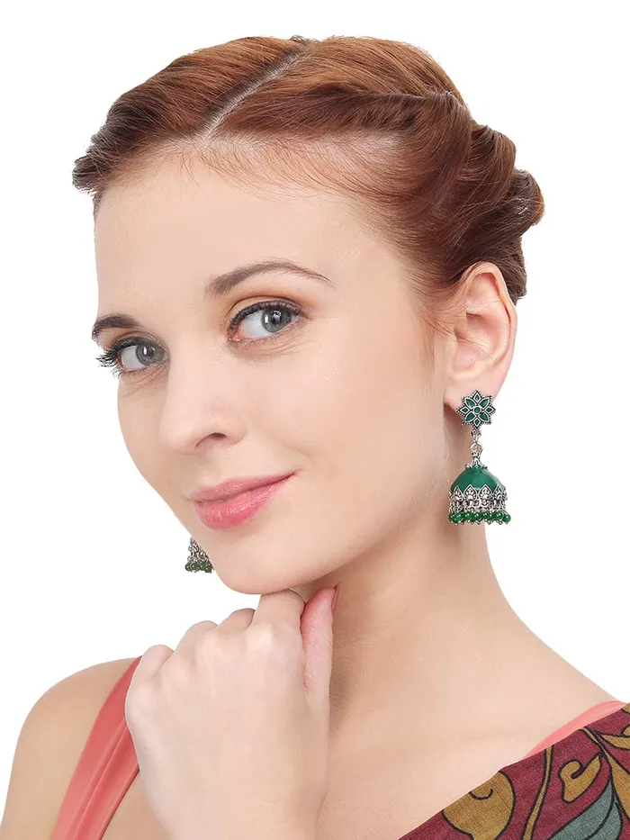 Yellow Chimes Necklaces Yellow Chimes enamel Brass Meenakari Silver Oxidized Jhumka Earrings Artisan Crafted Dark Black Traditional JhumkaJhumki Earrings for Women