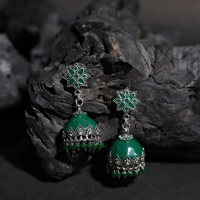 Yellow Chimes Necklaces Yellow Chimes enamel Brass Meenakari Silver Oxidized Jhumka Earrings Artisan Crafted Dark Black Traditional JhumkaJhumki Earrings for Women