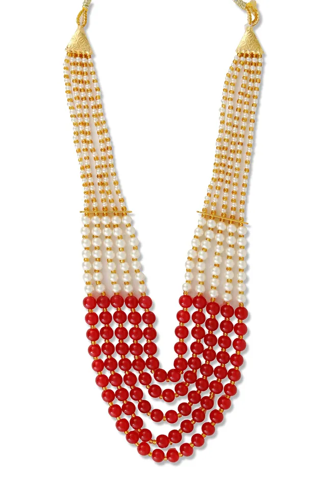 Yellow Chimes Necklaces Yellow Chimes Ethnic Fashion Gold Plated Handmade Beads Long Multilayer Pearl stylish Jewellery Necklace For Women Girls RedWhite