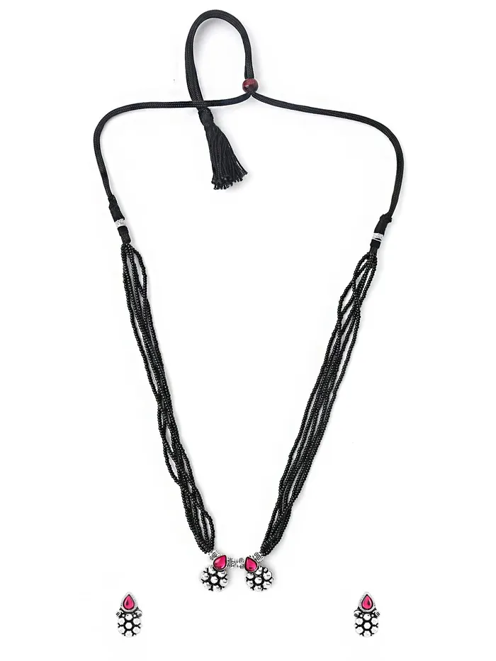 Yellow Chimes Necklaces Yellow Chimes Ethnic Mangalsutra For Women Oxidised Kolhapuri Maangalsutra Beaded Charm Maangalsutra with Earring Set For Women MS4