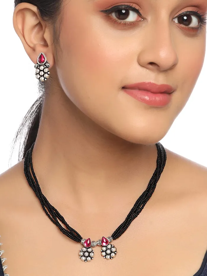 Yellow Chimes Necklaces Yellow Chimes Ethnic Mangalsutra For Women Oxidised Kolhapuri Maangalsutra Beaded Charm Maangalsutra with Earring Set For Women MS4