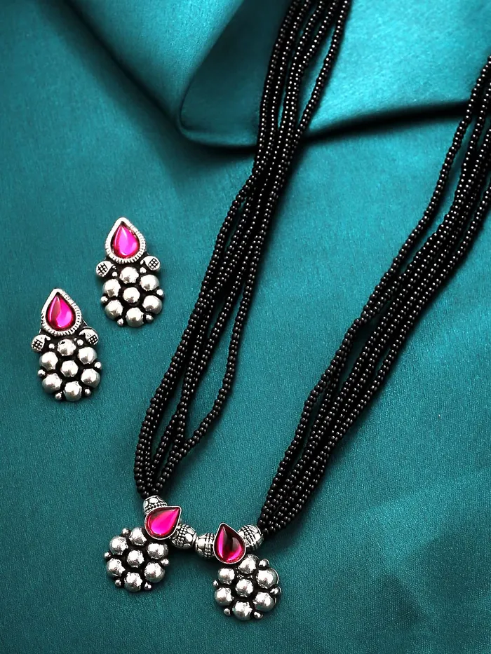 Yellow Chimes Necklaces Yellow Chimes Ethnic Mangalsutra For Women Oxidised Kolhapuri Maangalsutra Beaded Charm Maangalsutra with Earring Set For Women MS4