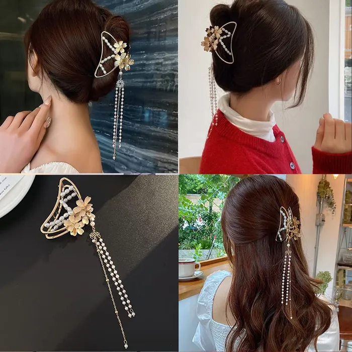 Yellow Chimes Necklaces Yellow Chimes Hair Clip For Women Gold Toned Cluthers Hair Claw Clip With Linear Chain Attached Hair Clutch For Women and Girls