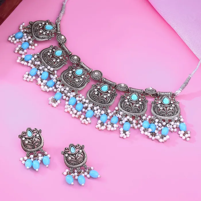 Yellow Chimes Necklaces Yellow Chimes Jewellery Set for Women and Girls Choker Set for Women Silver Tone Blue Beads Drop Choker Necklace Set for Women Birthday Gift For Girls and Women Anniversary Gift for Wife