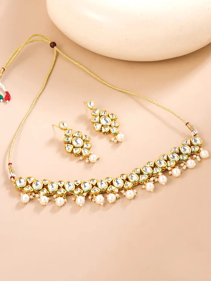 Yellow Chimes Necklaces Yellow Chimes Jewellery Set for Women and Girls Kundan Necklace Set for Girls Gold Plated Beads Drop Kundan Choker Necklace Set Birthday Gift for girls and women Anniversary Gift for Wife