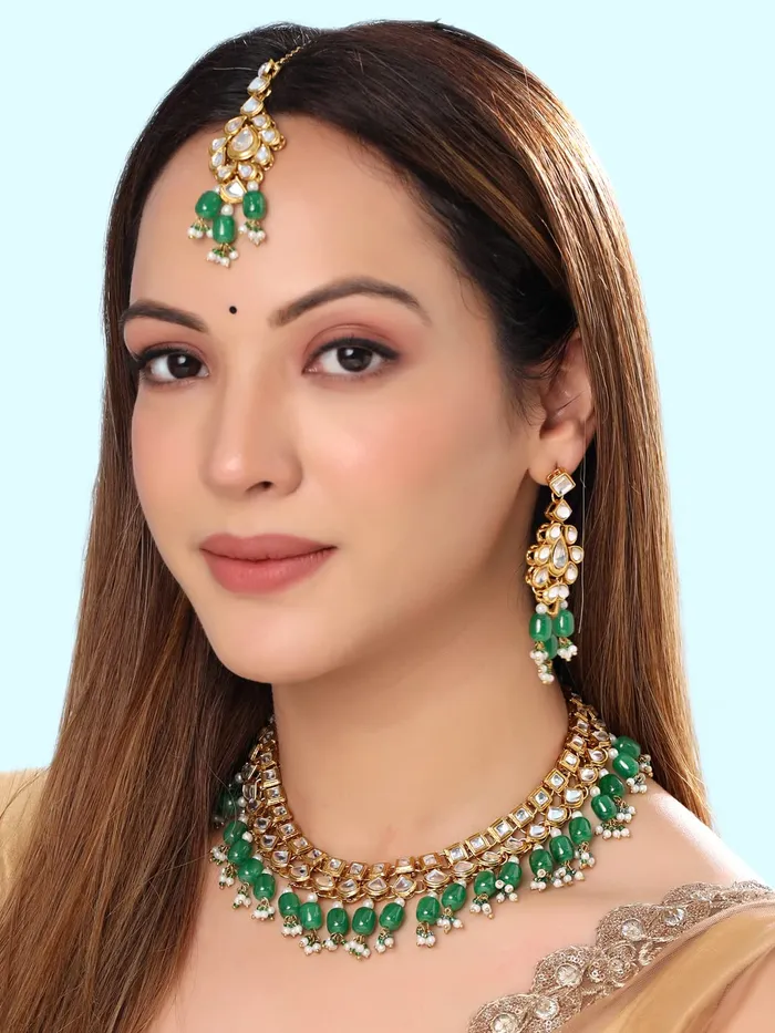Yellow Chimes Necklaces Yellow Chimes Jewellery Set for Women and Girls Kundan Necklace Set Gold Plated Kundan Studded Green Beads Drop Necklace Set Birthday Gift for girls and women Anniversary Gift for Wife
