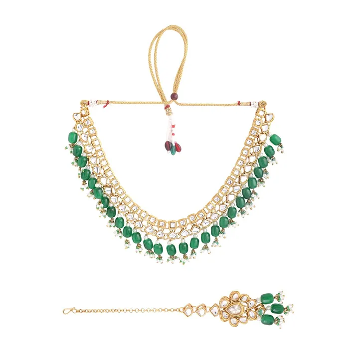Yellow Chimes Necklaces Yellow Chimes Jewellery Set for Women and Girls Kundan Necklace Set Gold Plated Kundan Studded Green Beads Drop Necklace Set Birthday Gift for girls and women Anniversary Gift for Wife