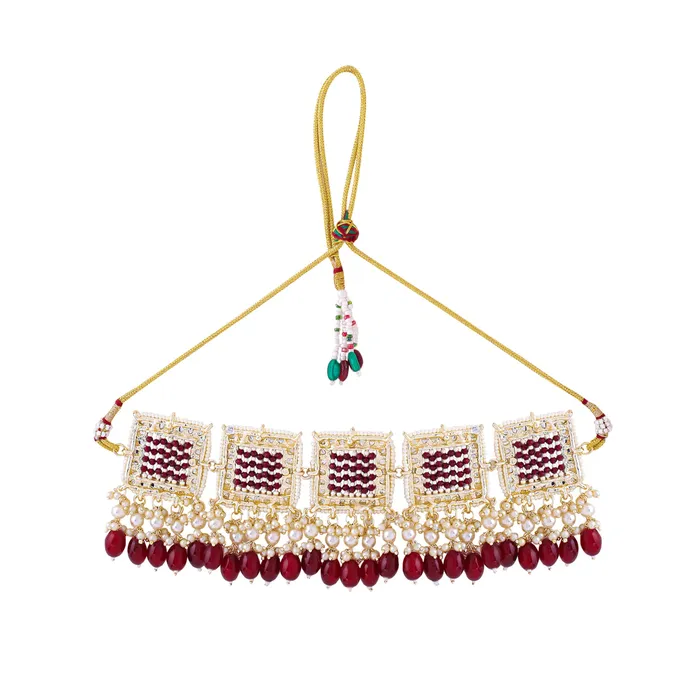 Yellow Chimes Necklaces Yellow Chimes Jewellery Set for Women and Girls Kundan Necklace Set Gold Plated Maroon Beads Drop Kundan Choker Necklace Set Birthday Gift for girls and women Anniversary Gift for Wife