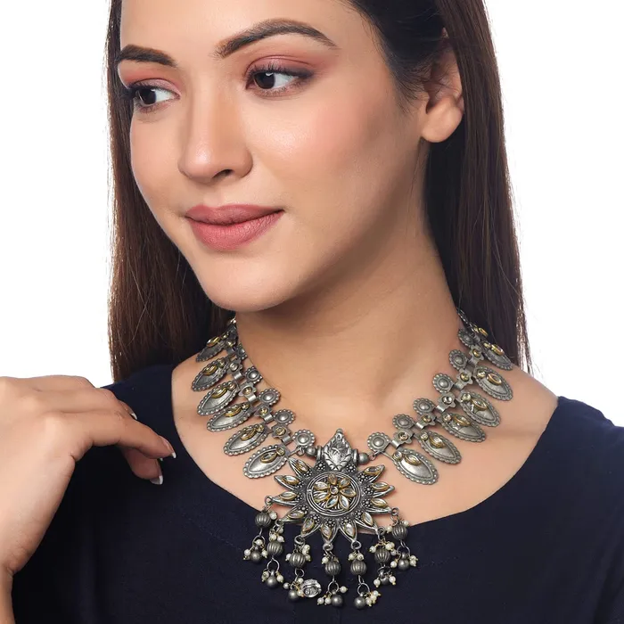 Yellow Chimes Necklaces Yellow Chimes Jewellery Set for Women and Girls Silver Oxidised Jewellery Set for Women Big Charm Oxidized Necklace Set Birthday Gift For Girls and Women Anniversary Gift for Wife