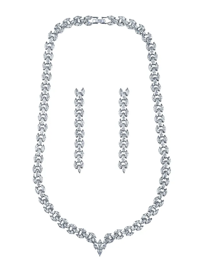 Yellow Chimes Necklaces Yellow Chimes Jewellery Set for Women RhodiumPlated White Real Cubic Zircon Necklace Set Leaf Design Classic CZ Jewellery Set For Women and Girls