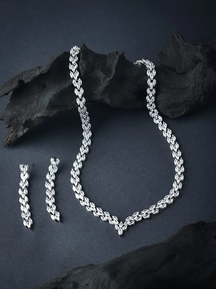 Yellow Chimes Necklaces Yellow Chimes Jewellery Set for Women RhodiumPlated White Real Cubic Zircon Necklace Set Leaf Design Classic CZ Jewellery Set For Women and Girls