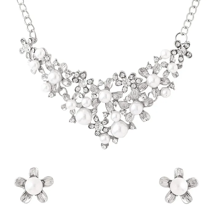 Yellow Chimes Necklaces Yellow Chimes Jewellery Set For Women Silver Toned Crystal Pearl Studded Necklace Set For Women and Girls Yellow Chimes Necklaces Yellow Chimes Jewellery Set For Women Silver Toned Crystal Pearl Studded Necklace Set For Women and Girls