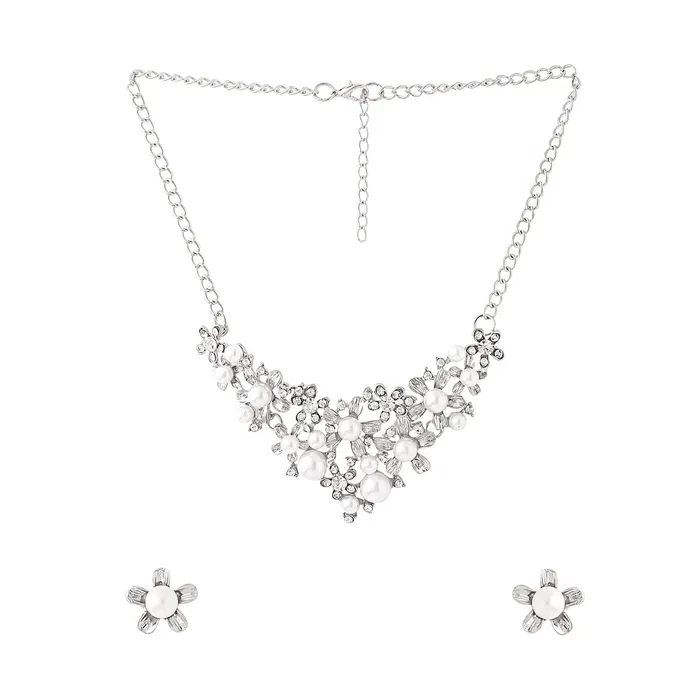 Yellow Chimes Necklaces Yellow Chimes Jewellery Set For Women Silver Toned Crystal Pearl Studded Necklace Set For Women and Girls