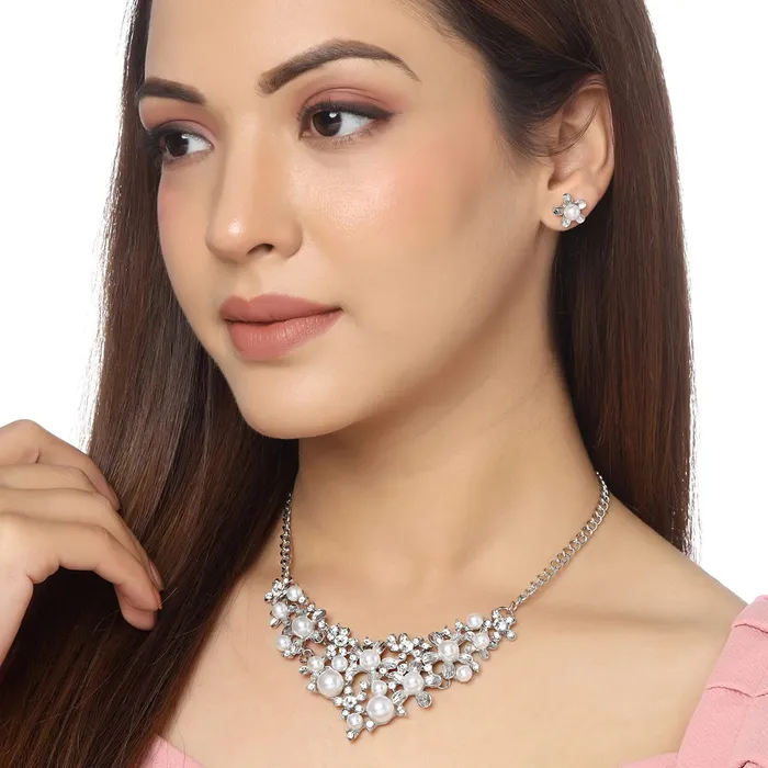 Yellow Chimes Necklaces Yellow Chimes Jewellery Set For Women Silver Toned Crystal Pearl Studded Necklace Set For Women and Girls