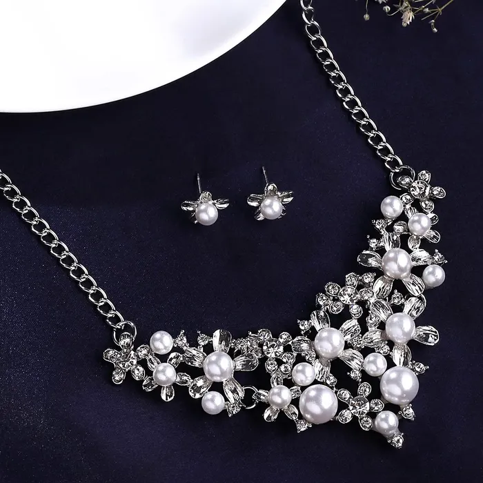 Yellow Chimes Necklaces Yellow Chimes Jewellery Set For Women Silver Toned Crystal Pearl Studded Necklace Set For Women and Girls