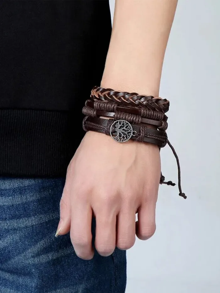 Yellow Chimes Necklaces Yellow Chimes Leather Bracelet for Men Wide Brown Color MultiLayred Leather WrapCharm Bracelet Set for Men and Boys