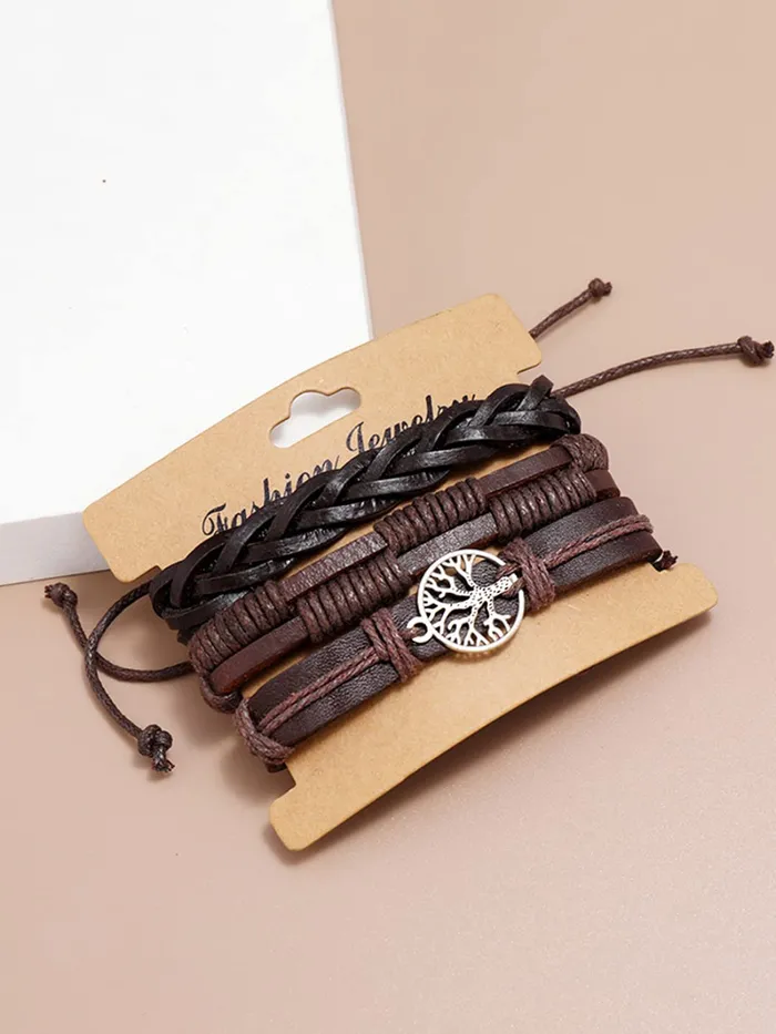 Yellow Chimes Necklaces Yellow Chimes Leather Bracelet for Men Wide Brown Color MultiLayred Leather WrapCharm Bracelet Set for Men and Boys