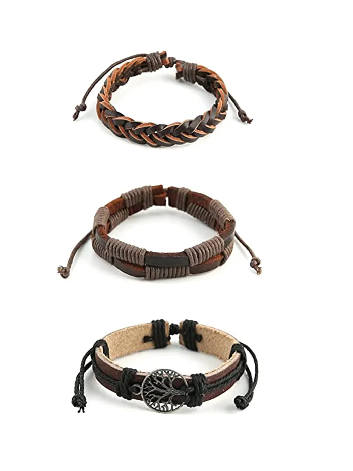 Yellow Chimes Necklaces Yellow Chimes Leather Bracelet for Men Wide Brown Color MultiLayred Leather WrapCharm Bracelet Set for Men and Boys