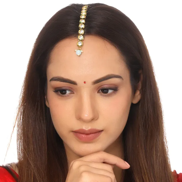 Yellow Chimes Necklaces Yellow Chimes Maangtikka for Women Gold Toned Kundan Studded Single Line Designed Green Pearl Drop Maangtikka for Women and Girls
