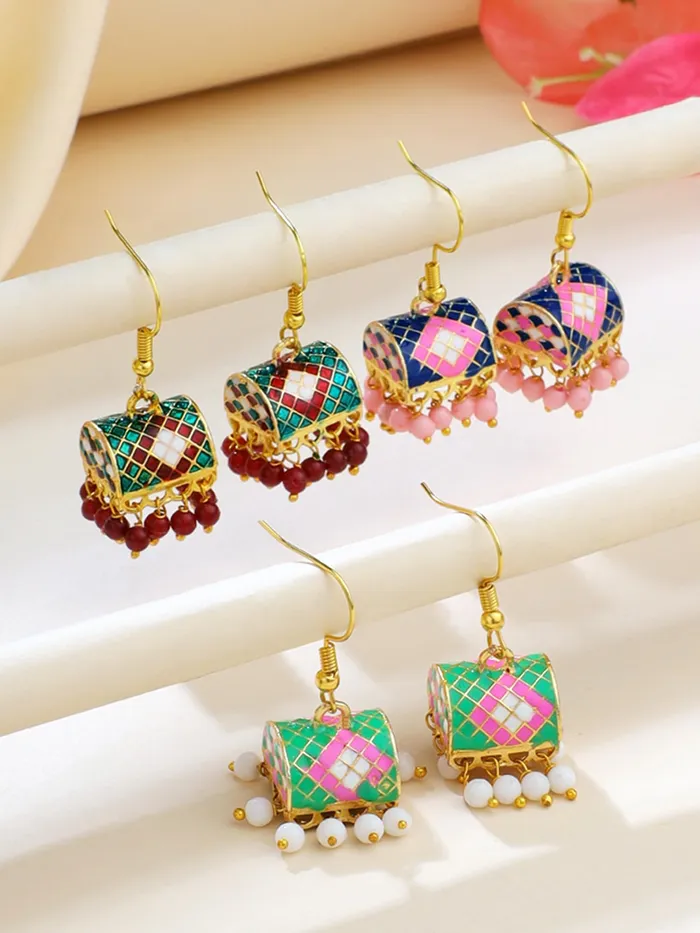 Yellow Chimes Necklaces Yellow Chimes Meenakari Jhumka Earrings for Women Traditional Small Jhumki Earrings Set for Girls Combo of 3 Pairs Jhumkas Ethnic Gold Plated Women Earrings Birthday Gift For Girls