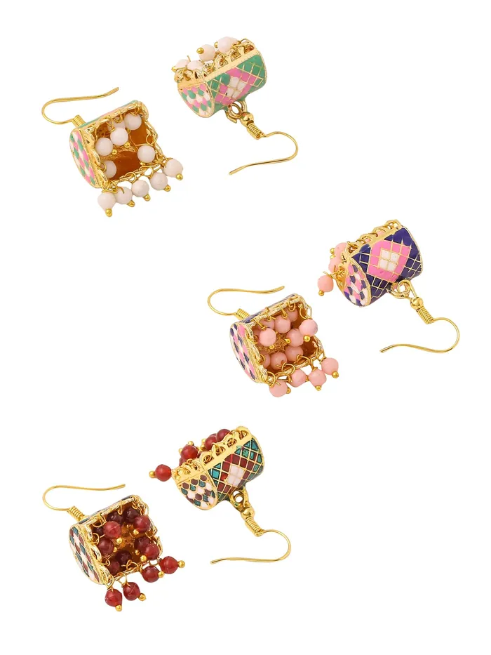 Yellow Chimes Necklaces Yellow Chimes Meenakari Jhumka Earrings for Women Traditional Small Jhumki Earrings Set for Girls Combo of 3 Pairs Jhumkas Ethnic Gold Plated Women Earrings Birthday Gift For Girls