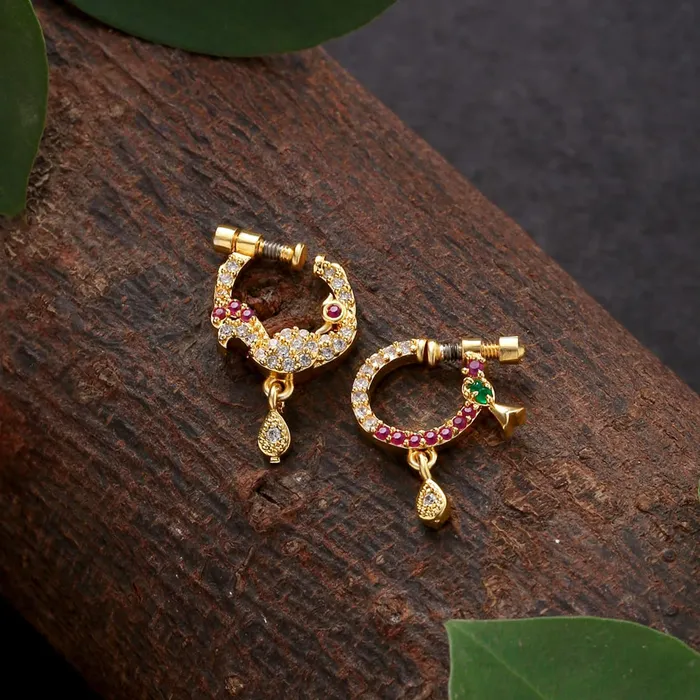 Yellow Chimes Necklaces Yellow Chimes Nose Rings for Women Set of 2 Pcs Nosepins Traditional GoldPlated White Pink American Diamond Nose Pins for Women and Girls