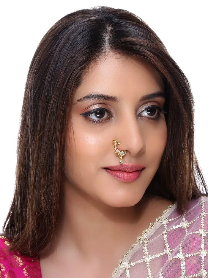 Yellow Chimes Necklaces Yellow Chimes Nose Rings for Women Set of 2 Pcs Nosepins Traditional GoldPlated White Pink American Diamond Nose Pins for Women and Girls