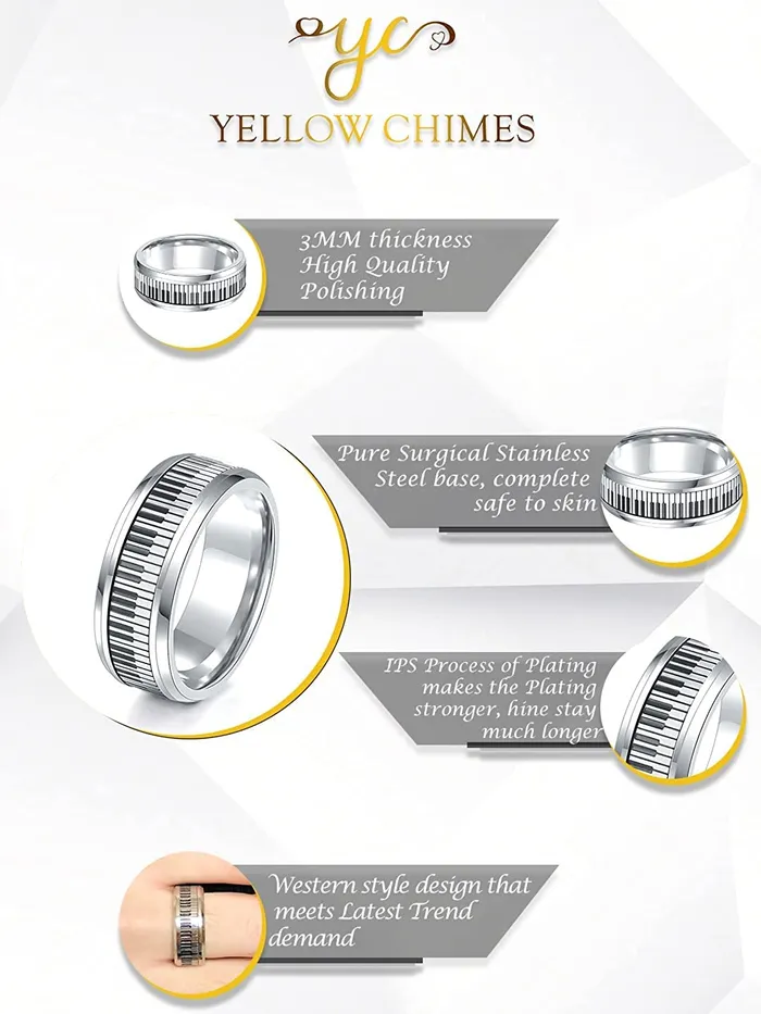 Yellow Chimes Necklaces Yellow Chimes Rings for Men Stainless Steel Black and Silver Toned Keyboard Designed Band Finger Ring for Men and Boys