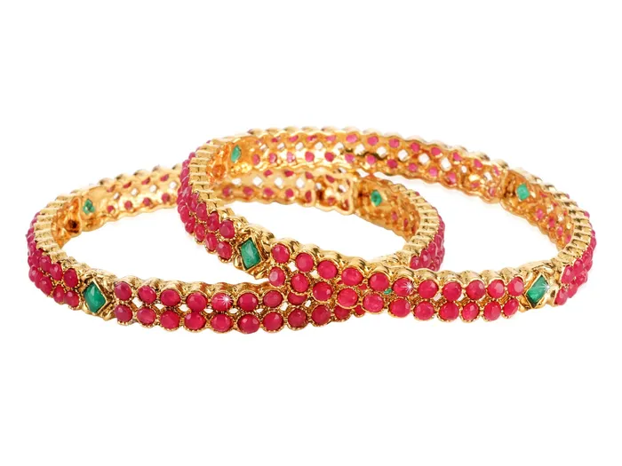 Yellow Chimes Necklaces Yellow Chimes Ruby Stones 2 PC Bangle Set Traditional Gold Plated Bangles for Women and Girls