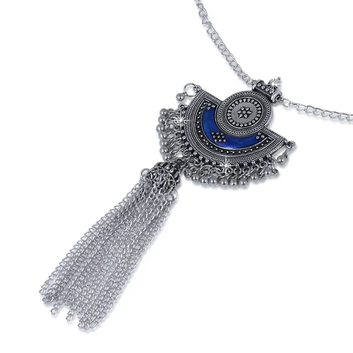 Yellow Chimes Necklaces Yellow Chimes Stylish Crafted Royal Blue Meenakari Oxidized Silver Necklace Set with Earrings Oxidized Jewellery Sets for Women and Girls
