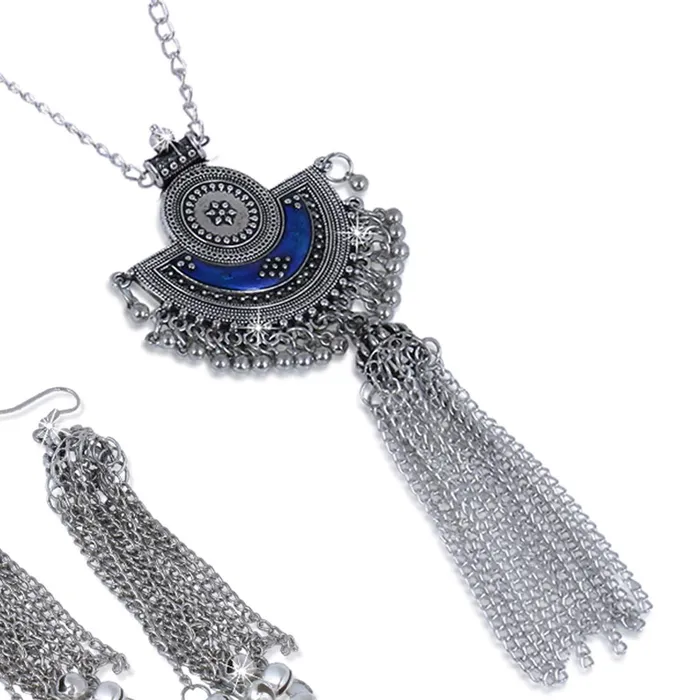 Yellow Chimes Necklaces Yellow Chimes Stylish Crafted Royal Blue Meenakari Oxidized Silver Necklace Set with Earrings Oxidized Jewellery Sets for Women and Girls