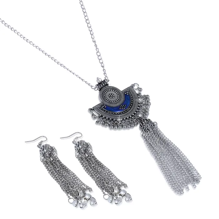 Yellow Chimes Necklaces Yellow Chimes Stylish Crafted Royal Blue Meenakari Oxidized Silver Necklace Set with Earrings Oxidized Jewellery Sets for Women and Girls
