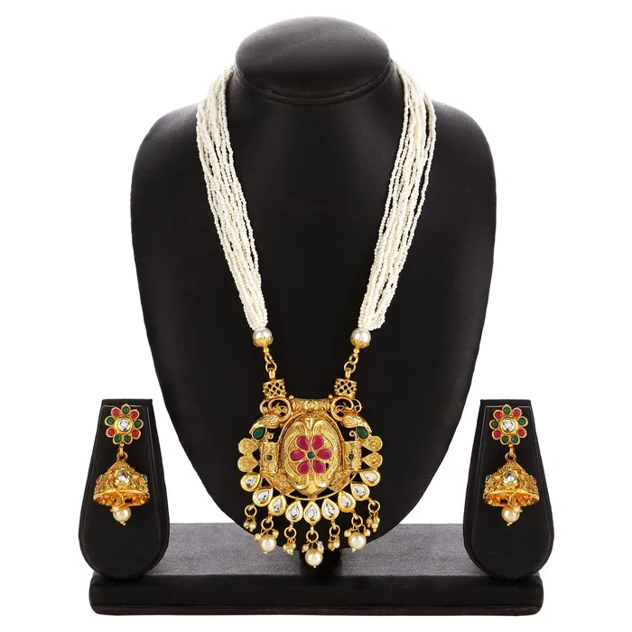 Yellow Chimes Necklaces Yellow Chimes Traditional Long Mala Gold Plated Moti Kundan Necklace Set with Earrings Jewellery Set for Women and Girls