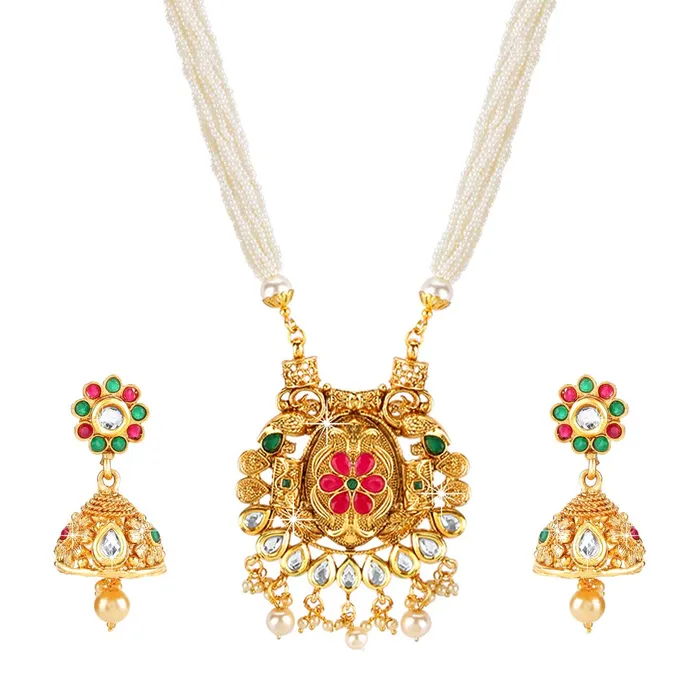 Yellow Chimes Necklaces Yellow Chimes Traditional Long Mala Gold Plated Moti Kundan Necklace Set with Earrings Jewellery Set for Women and Girls