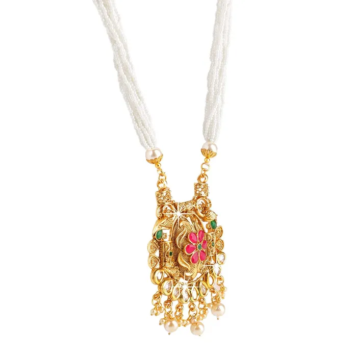 Yellow Chimes Necklaces Yellow Chimes Traditional Long Mala Gold Plated Moti Kundan Necklace Set with Earrings Jewellery Set for Women and Girls